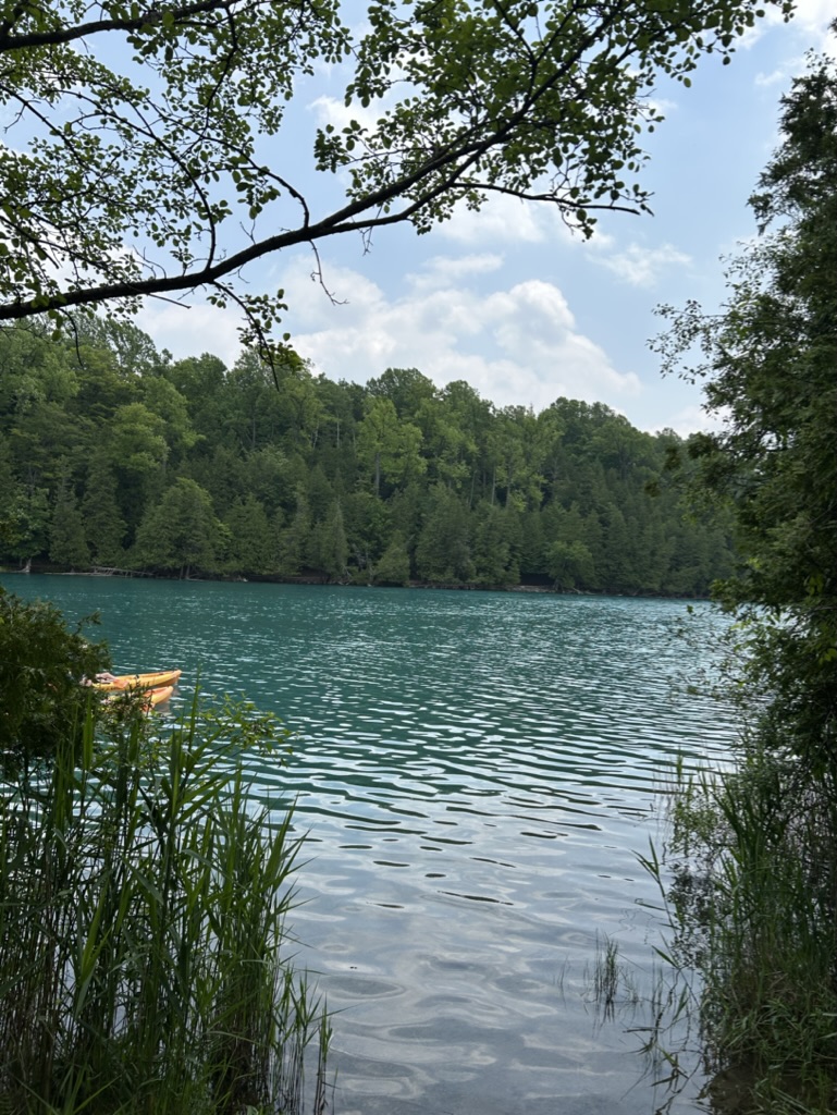 A lake with clear deep blue water
