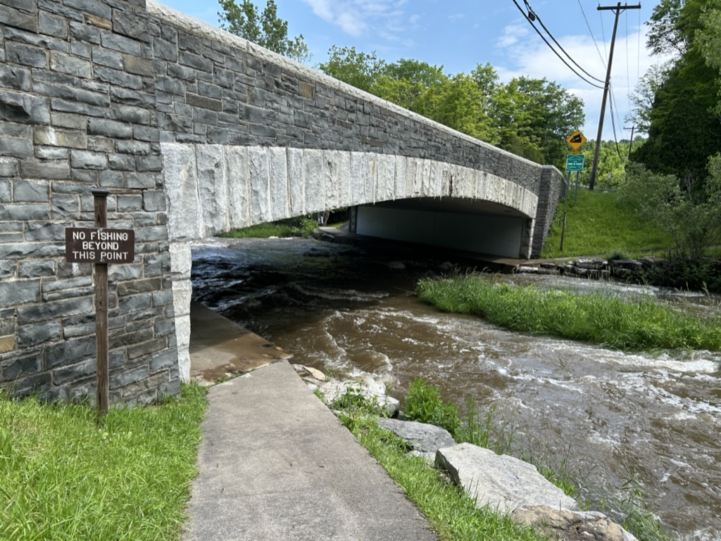 A trail leads under a bridge next to a flowing river