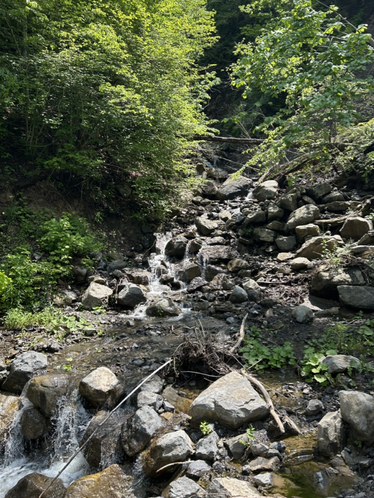 Small waterfall runs through the rocks on the side of a hill