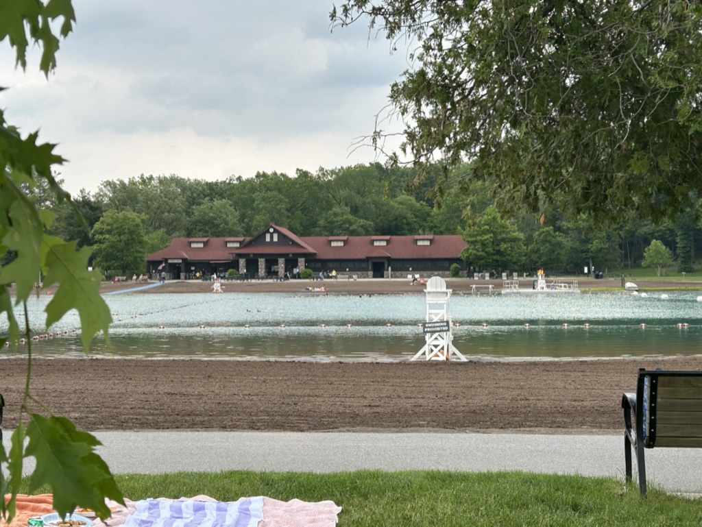 Lakeside beach, with a large building on the opposite shore