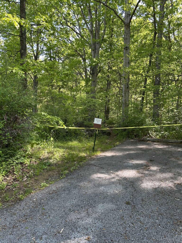 A gravel campsite surrounded by trees, blocked off with yellow tape and a sign reading: Please Do Not Disturb Duck Nest